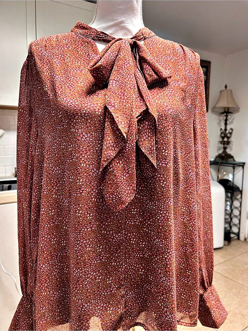 DR2 Polka Dot Tie Neck Blouse in Brown & Pink XL Like New